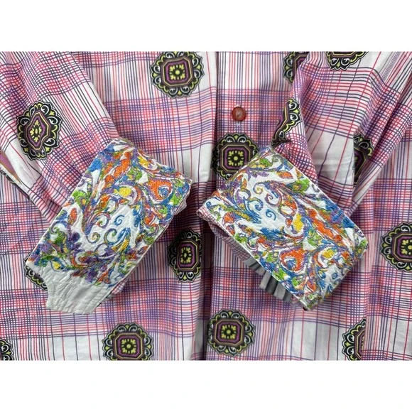 Robert Graham Men's XXL Grande Button Up Shirt Flip Cuff Pink Embroidered - Picture 3 of 8